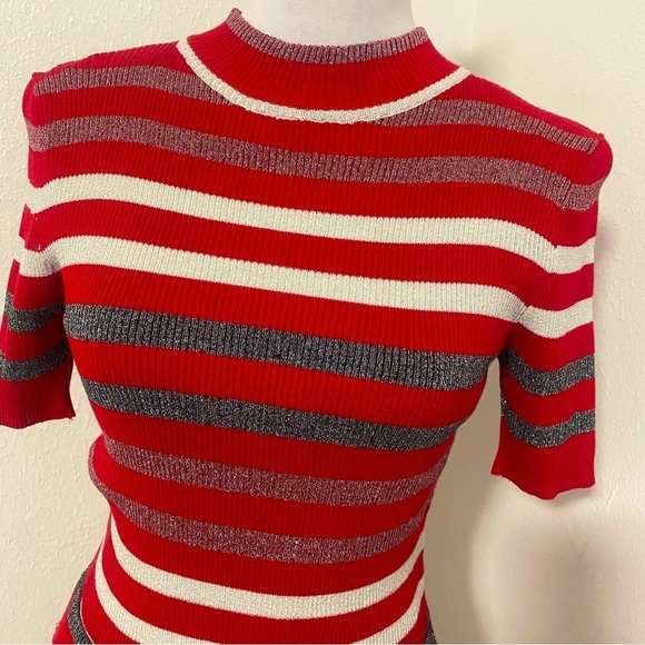Say What 2 Piece Top & Skirt Set Red Black White Stripe Glitter Large Fits Small - Picture 9 of 13